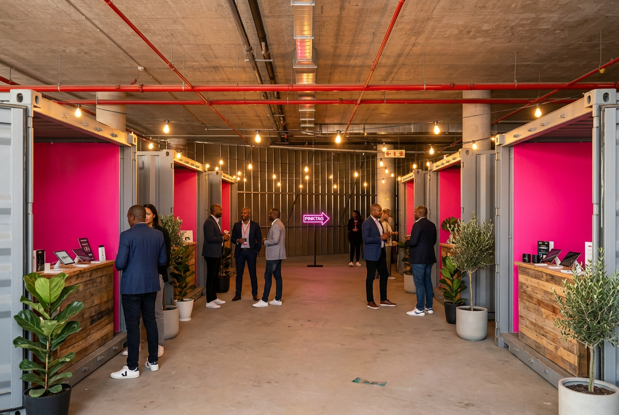 Container village plots with pink interiors and product demos