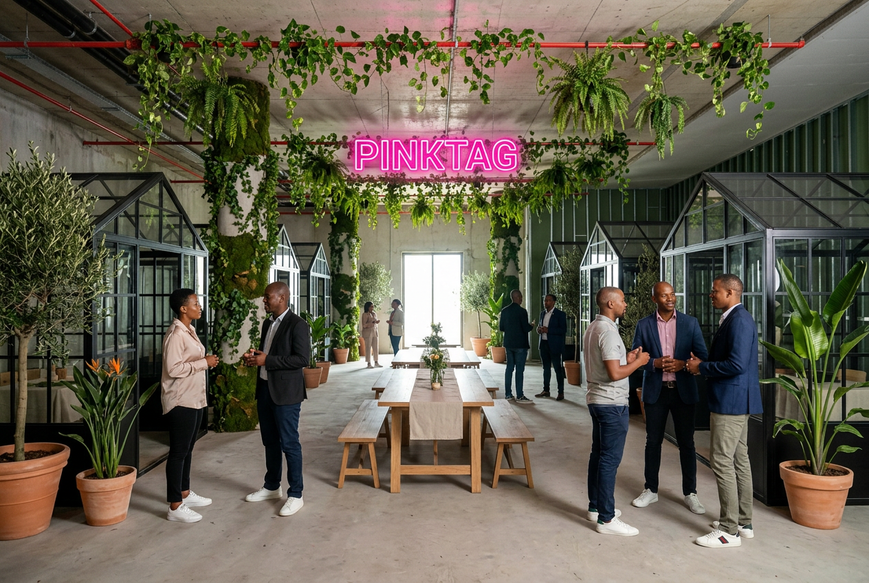 Greenhouse marketplace concept with PINKTAG signage and curated plots
